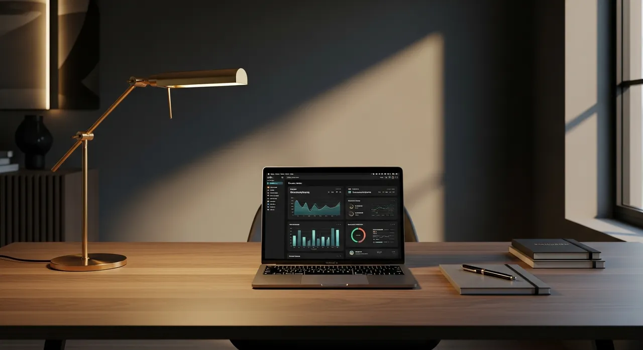 Modern dark home office setup with MacBook showing analytics dashboard, gold-toned desk lamp