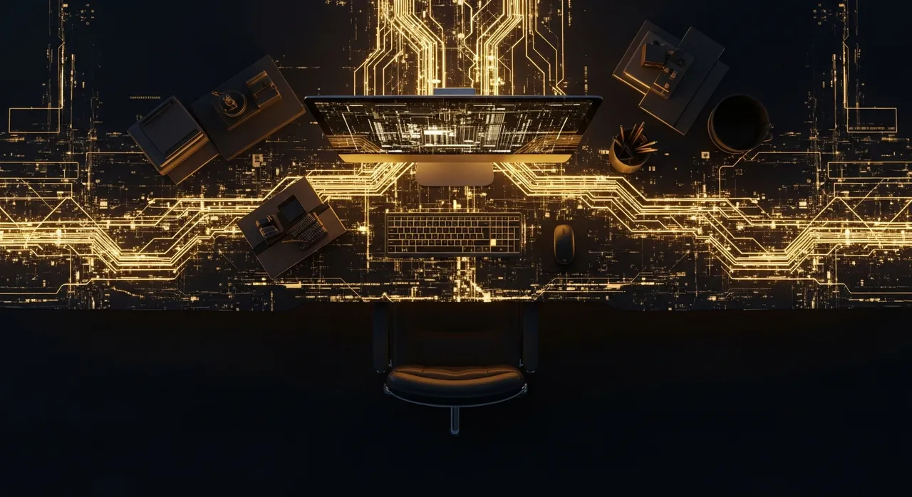 Abstract dark luxury digital workspace with gold circuit lines representing AI-powered systems